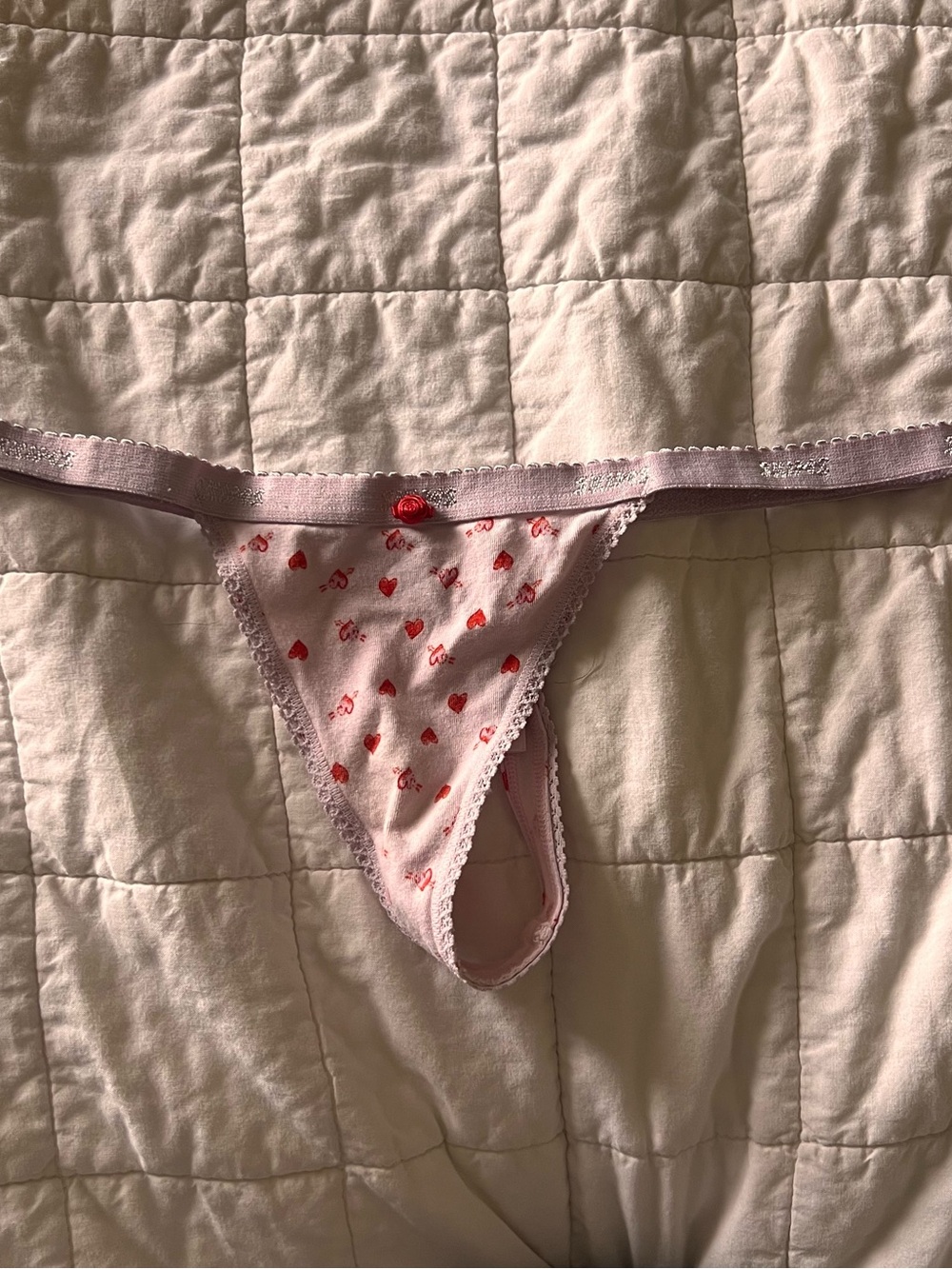 PINK Victoria's Secret Light Pink Thong with Red Heart Print